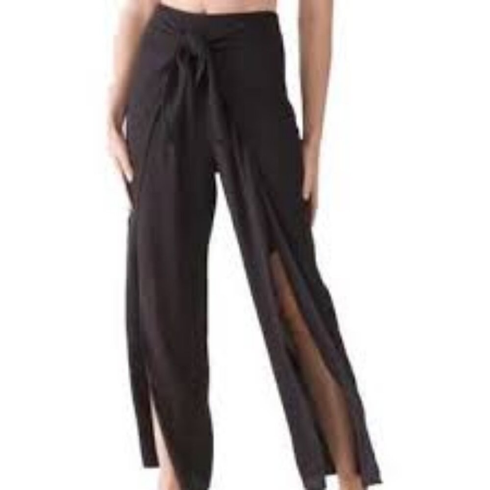 Kona Sol Black Gauze Pull On Wide Leg w High Slit Wrap Tie Waist Beach Pants